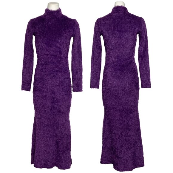 Julia Allert Textured Knit Bodycon Maxi Dress XS Violet Purple Long Sleeve Fuzzy - Picture 1 of 13